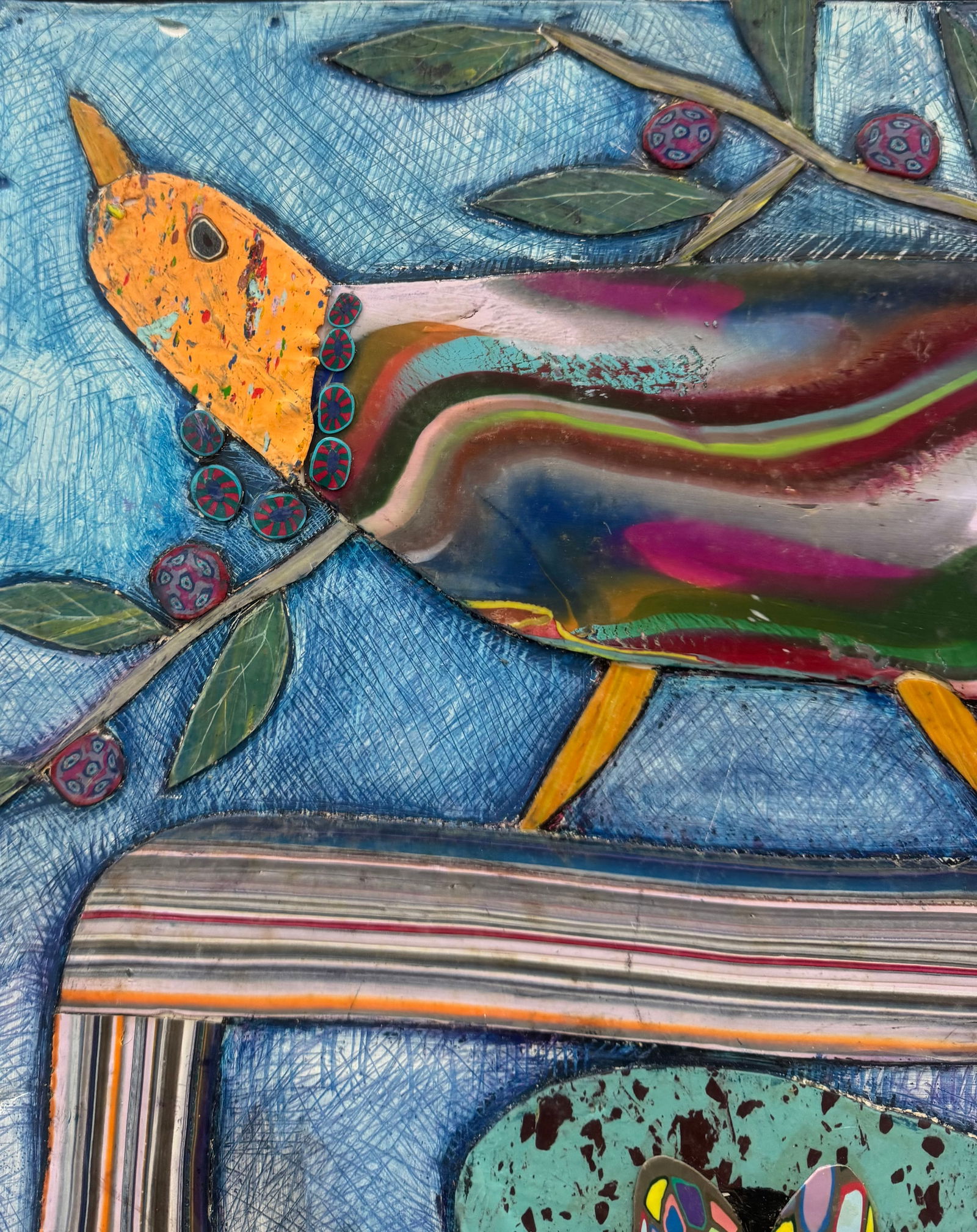 Naive Mixed Media Painting Of A Bird Signed Verso - 2