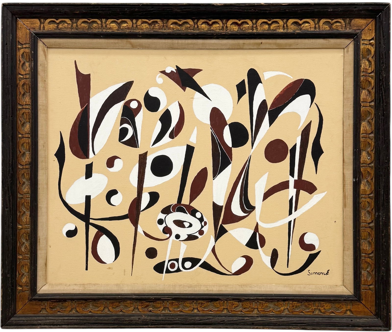 Mid-Century Modern Signed Abstract Oil On Canvas: Oil painting on canvas 30 x 24 in, 38 1/2 x 32 1/2 in (framed). Domestic Flat Shipping Price: $90