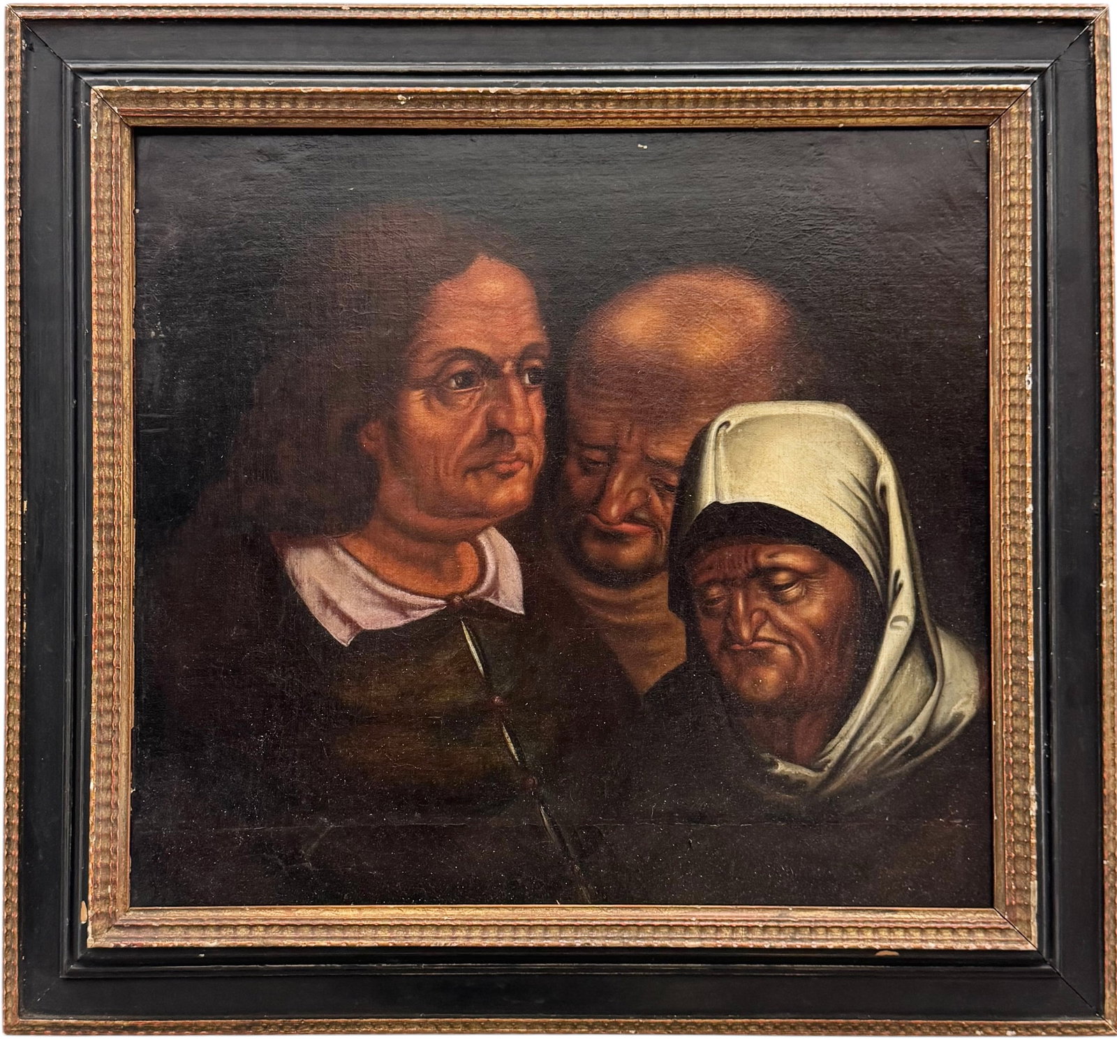 Old Master, Flemish School Peasant Figures, Style Of Brueghel: Oil painting on canvas 22 x 20 1/2 in, 28 x 26 in (framed). Domestic Flat Shipping Price: $90