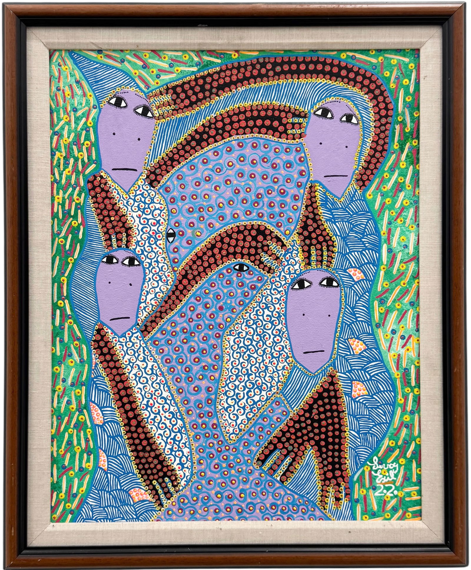 LEVOY EXIL (20th c, Haitian): Acrylic painting on board 23 x 18 in, 27 1/2 x 22 1/2 in (framed). Domestic Flat Shipping Price: $80
