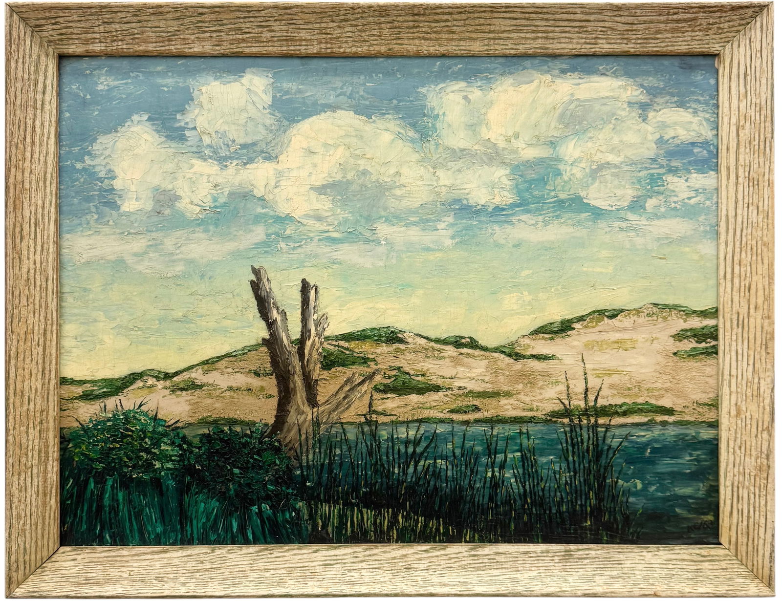 20th Century American School Southwesten Lake Landscape Signed With Monogram: Oil painting on canvas 18 x 24 in, 21 x 27 in (framed). Domestic Flat Shipping Price: $80