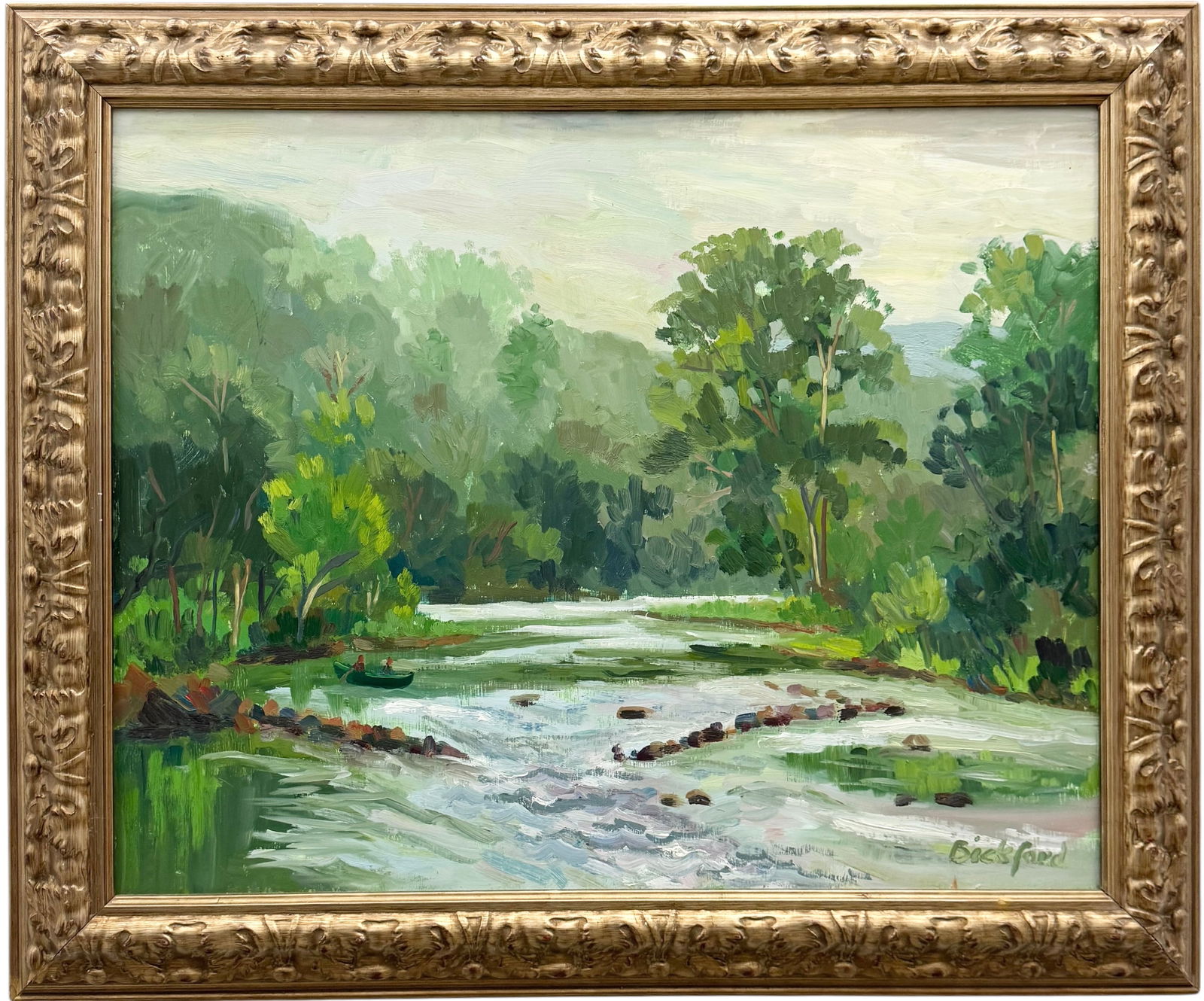 American Impressionist Rushing River Landscape Painting Signed BICKFORD: Possibly Connecticut artist John Bickford. Oil painting on wood 30 x 24 in, 36 1/2 x 30 1/2 in (framed). Domestic Flat Shipping Price: $110