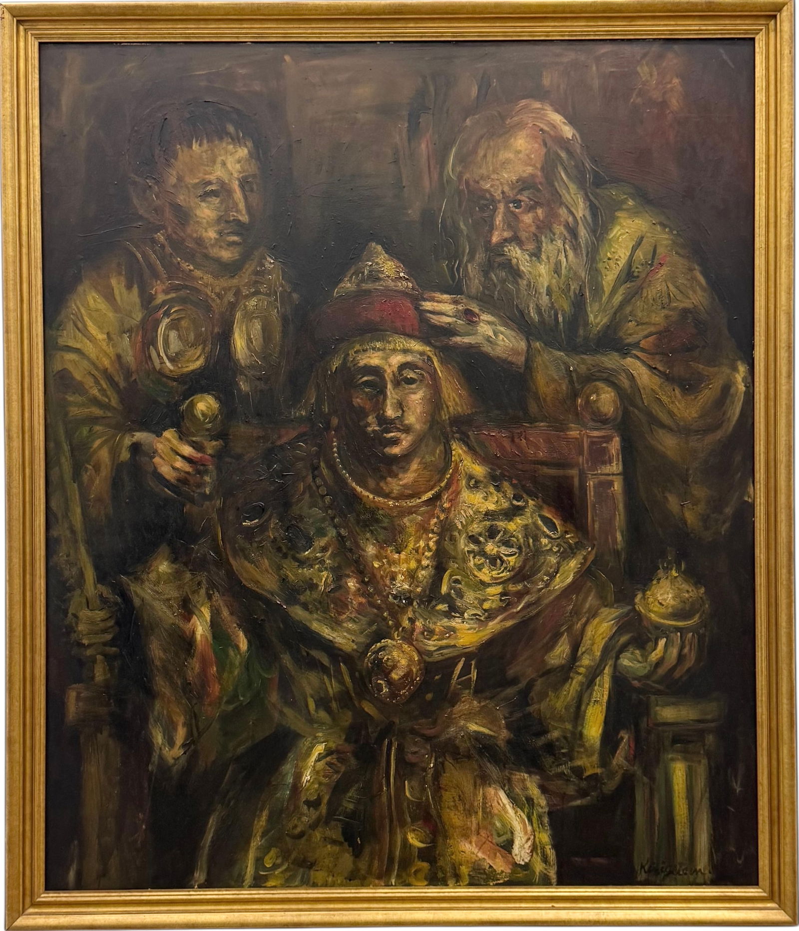 JONAH KINIGSTEIN (b. 1923, American) Figurative Expressionist: Oil painting on board 47 1/2 x 40 in, 52 x 45 in (framed). Domestic Flat Shipping Price: $360