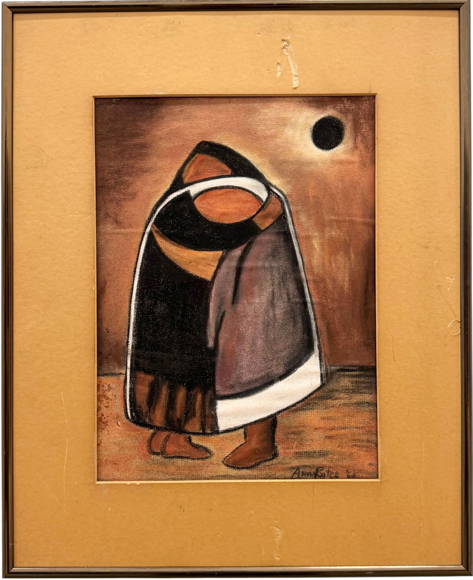 Mid-Century Modern Signed Cubist Pastel, Embraced Figures: Pastel on paper 11 1/2 x 8 1/2 in, 17 1/4 x 14 1/2 in (framed). Domestic Flat Shipping Price: $55