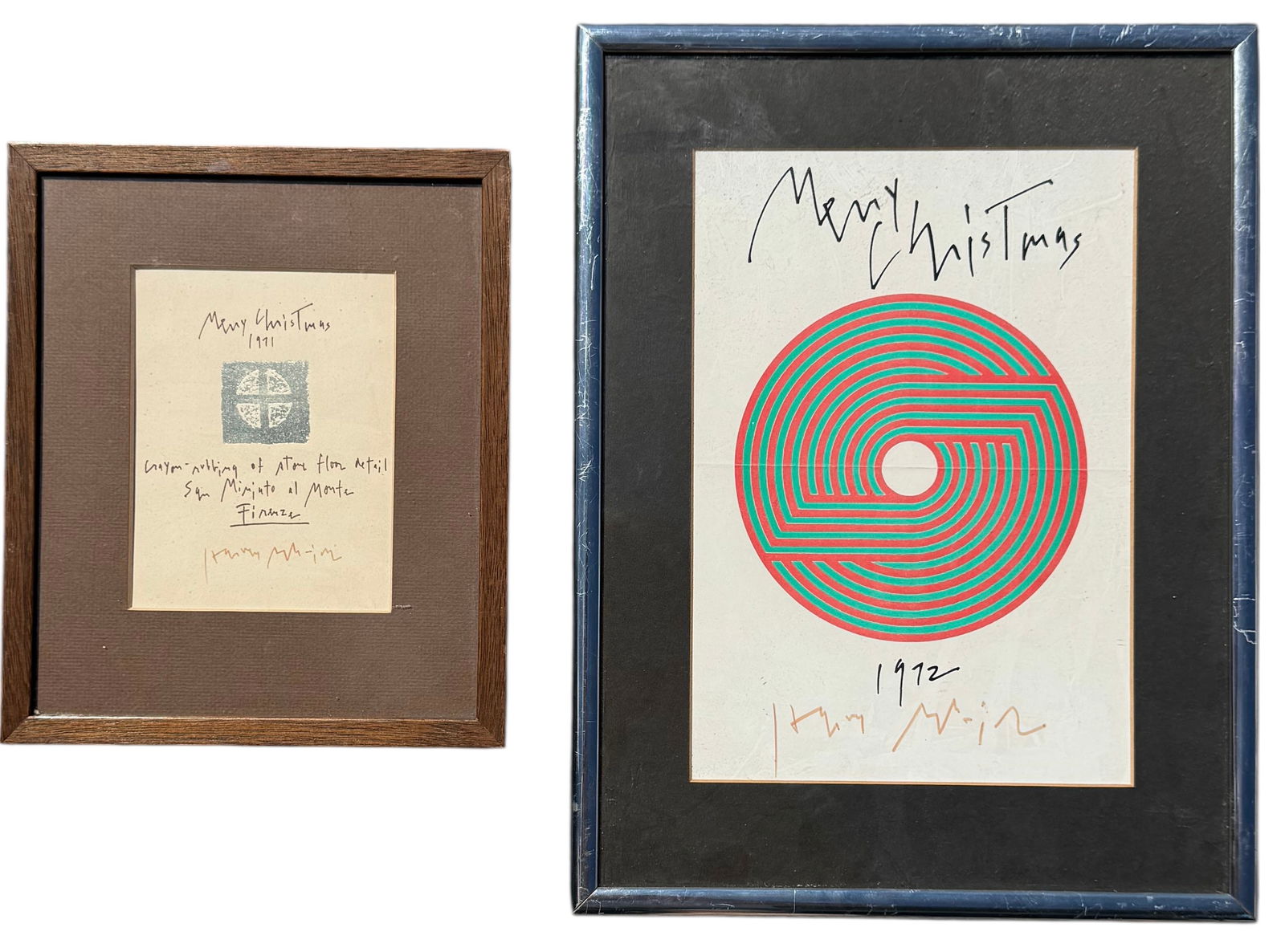 Pair Of Signed Mid-Century Modern Geometric Prints: Size 9 1/2 x 7 1/2 in, 13 1/4 x 10 1/4 in. Domestic Flat Shipping Price: $55