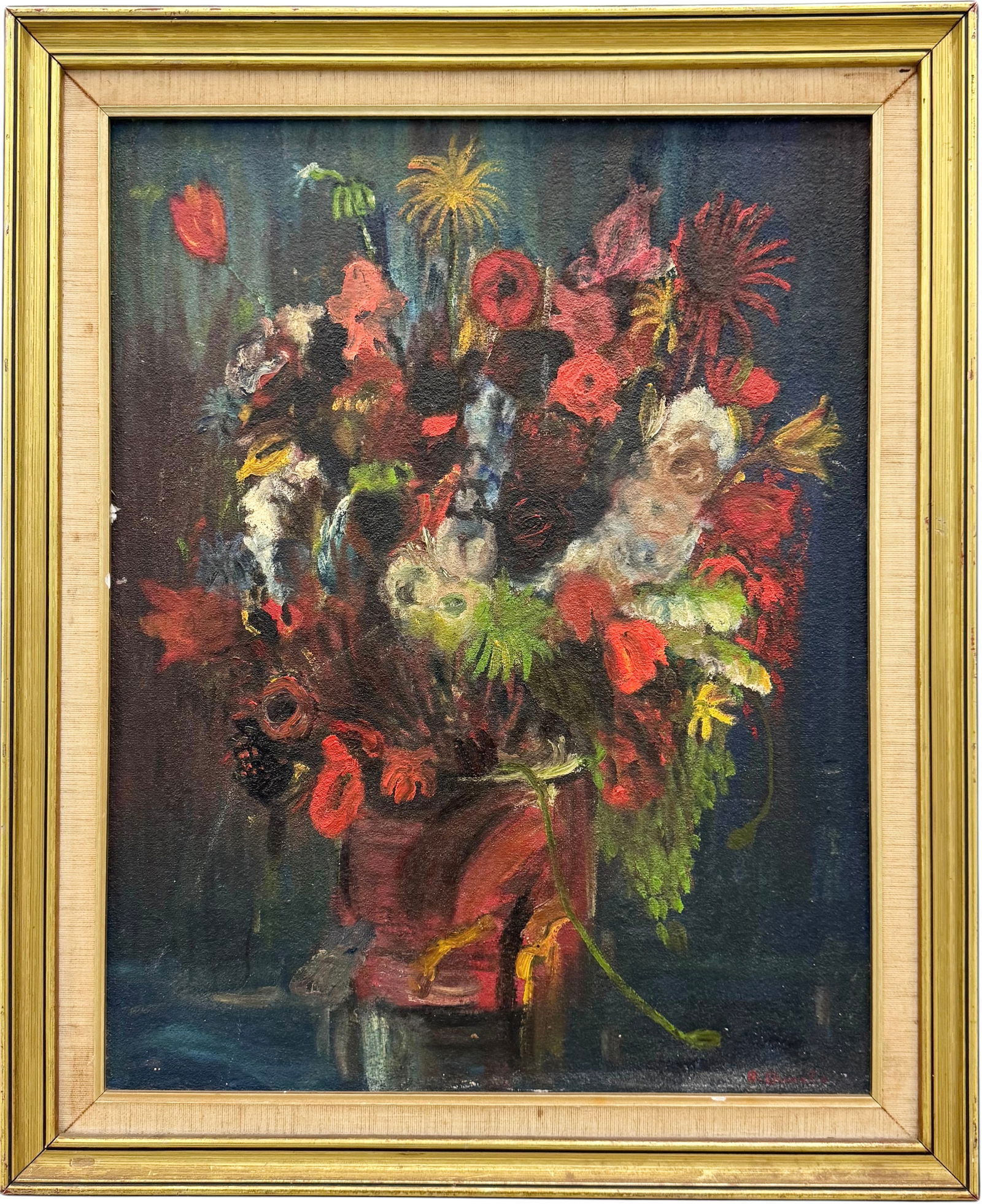 Circa 1940's Signed European Still Life Basket Of Flowers Modernist Oil Painting (1 of 3)