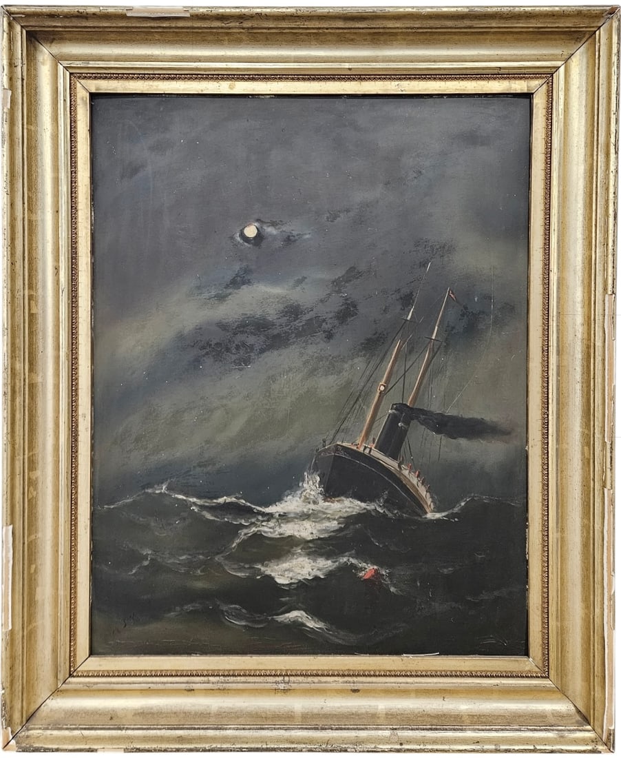 19th Century American School Stormy Nautical Seascape Signed With Monogram (1 of 5)