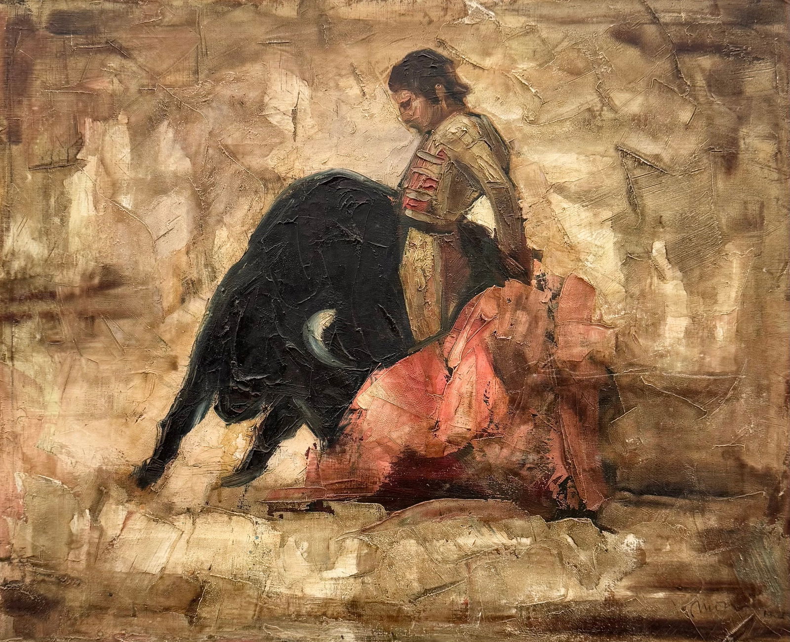 Mid-Century European School Modern Bull Fighting Signed Oil Painting: Heavy impasto oil painting on canvas 28 1/4 x 23 in. Domestic Flat Shipping Price: $70