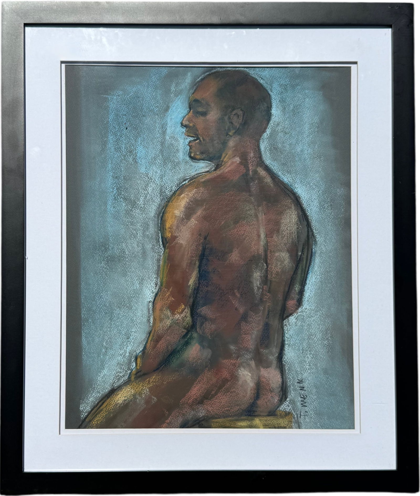 Expressionist Black Male Nude Portrait Signed Pastel: Pastel on paper 19 1/2 x 15 1/4 in, 26 x 22 in (framed). Domestic Flat Shipping Price: $80