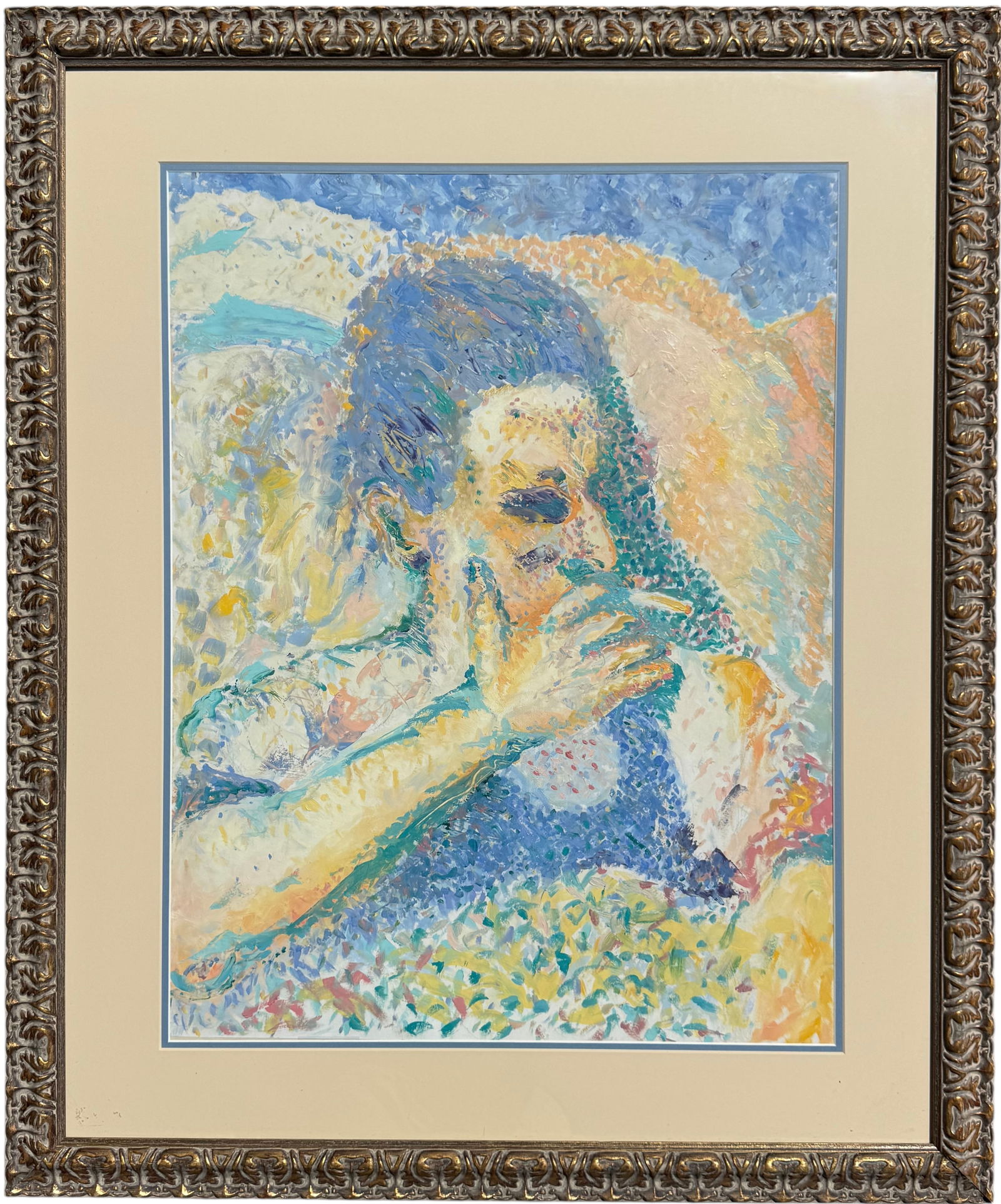 Pointilist Portrait Of A Figure Smoking Acrylic Painting: Acrylic painting 29 x 22 in, 40 x 33 in (framed). Domestic Flat Shipping Price: $160