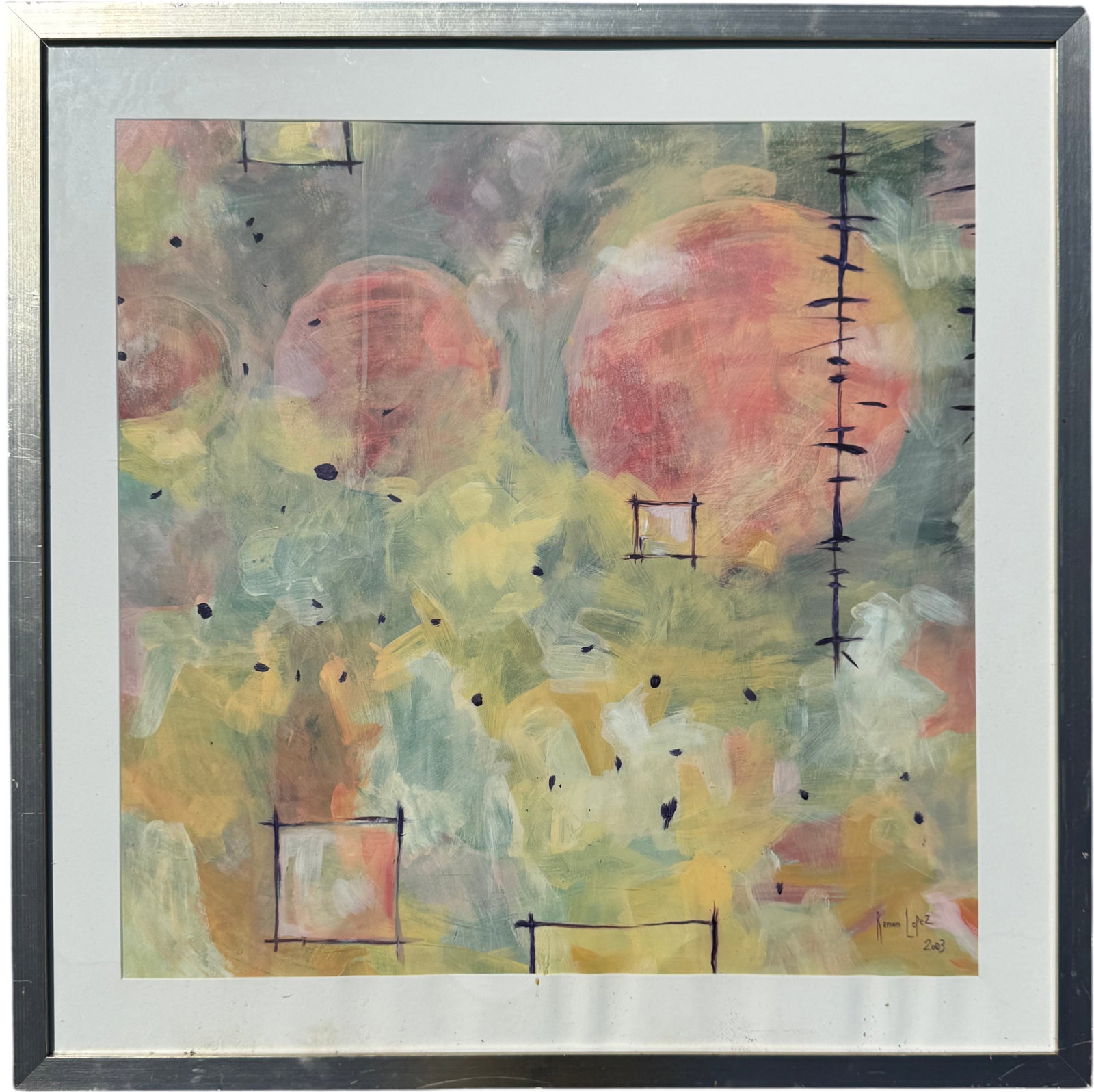 RAMON LOPEZ Contemporary Miami Forida Artist Framed Abstract: Mixed media 30 x 30 in, 37 3/4 x 37 3/4 in (framed). Domestic Flat Shipping Price: $240