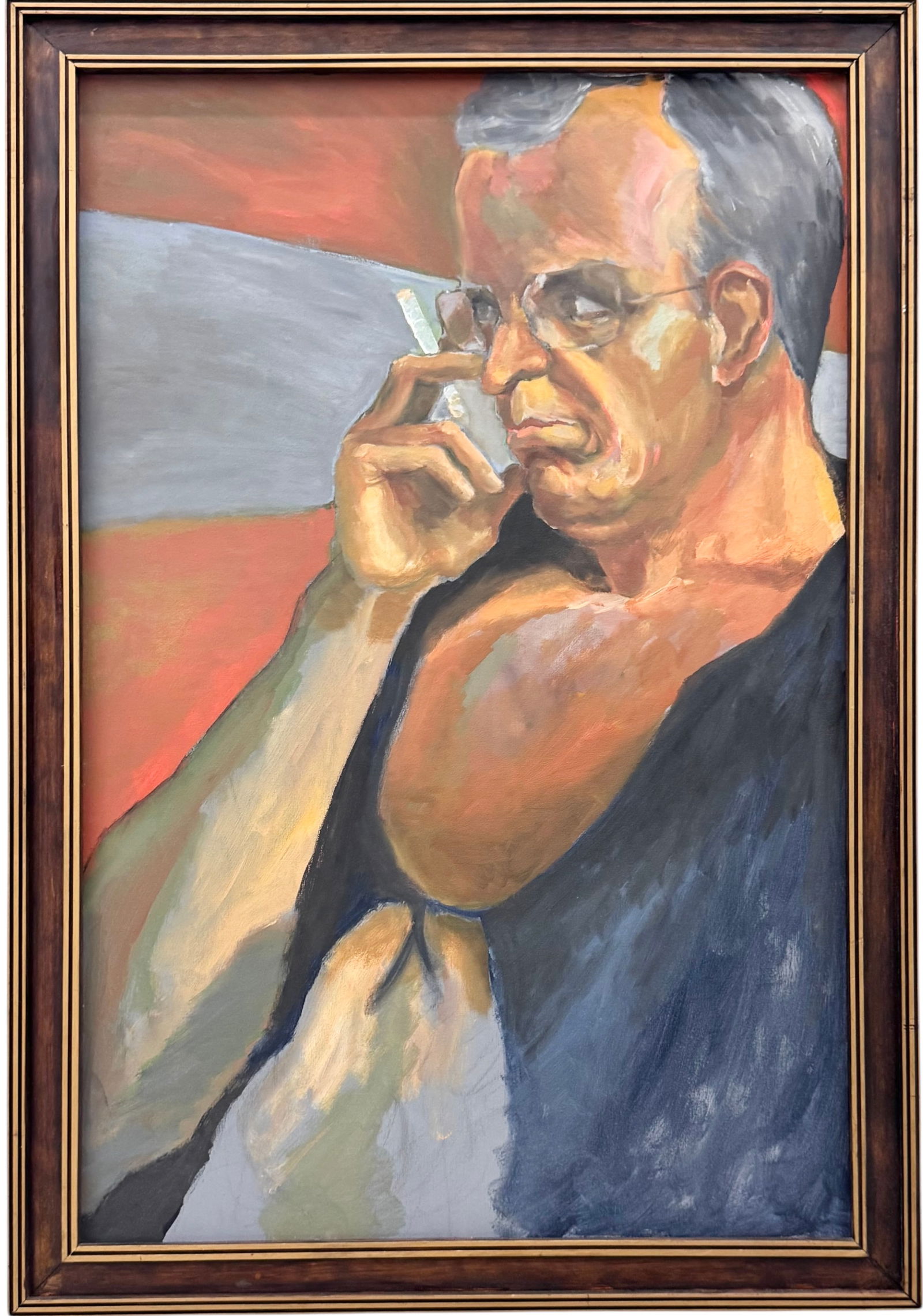 Vintage American Modernist Portrait Of A Man Smoking A Cigarette: Oil painting on canvas 36 x 24 in, 40 x 27 1/2 in (framed). Domestic Flat Shipping Price: $110