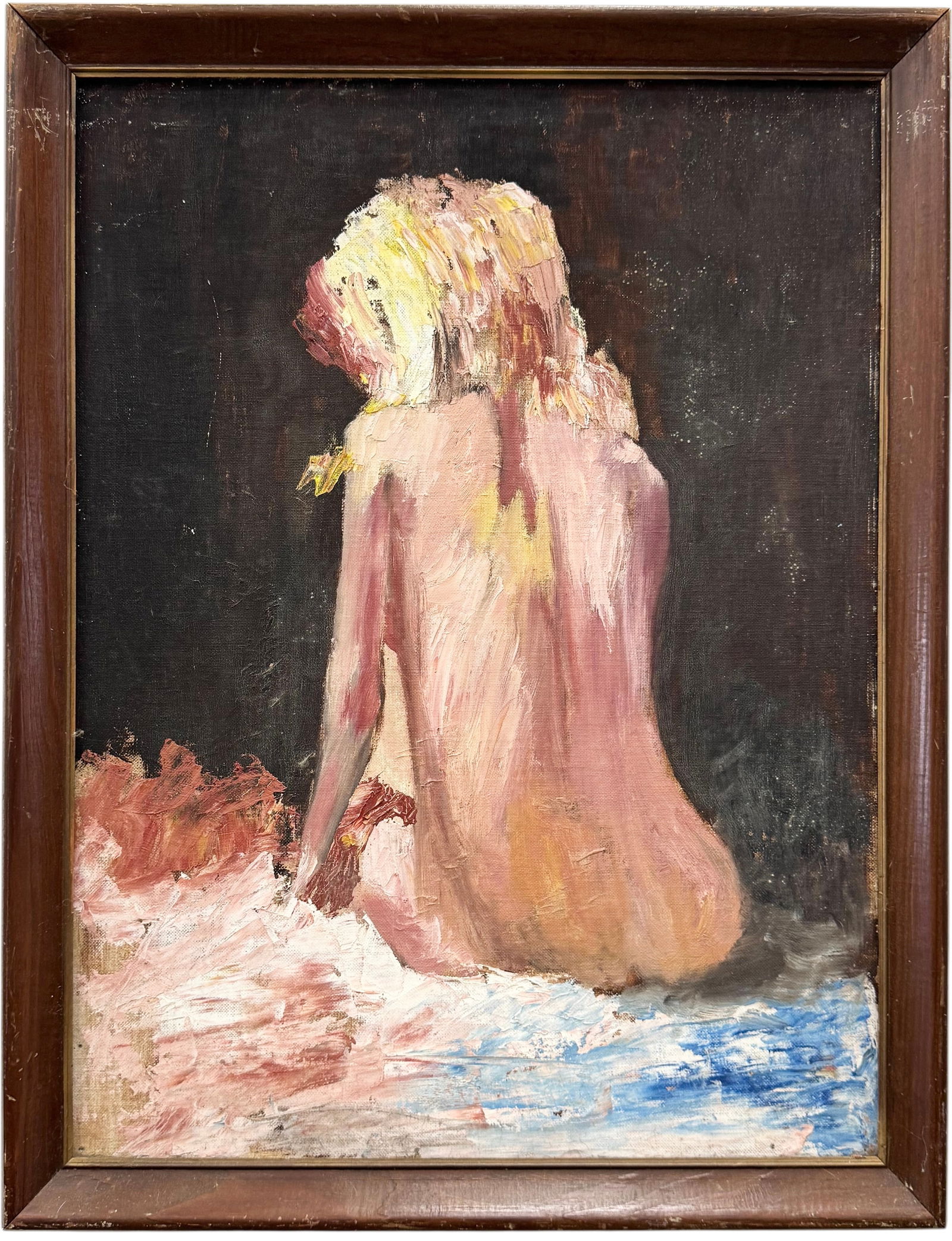 Mid-Century American Expressionist Seated Nude Portrait Of A Woman: Oil painting on board 24 x 18 in, 26 x 20 in (framed). Domestic Flat Shipping Price: $80