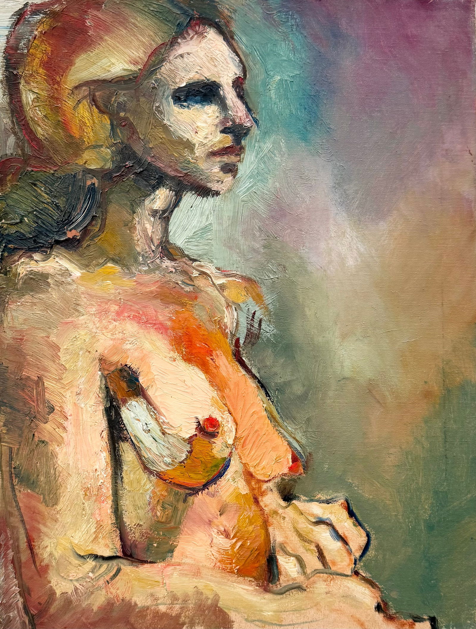 Mid-Century American Modernist Nude Portrait Of A Woman Signed Verso: Oil painting on canvas 24 x 20 in. Domestic Flat Shipping Price: $55