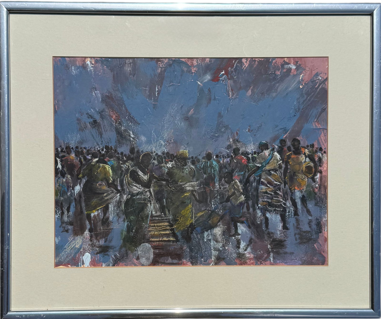 African Expressionist Musical Scene Crowd Of People Zambia Stamp Verso: Mixed media 14 x 11 in, 19 1/2 x 16 1/2 in. Domestic Flat Shipping Price: $70
