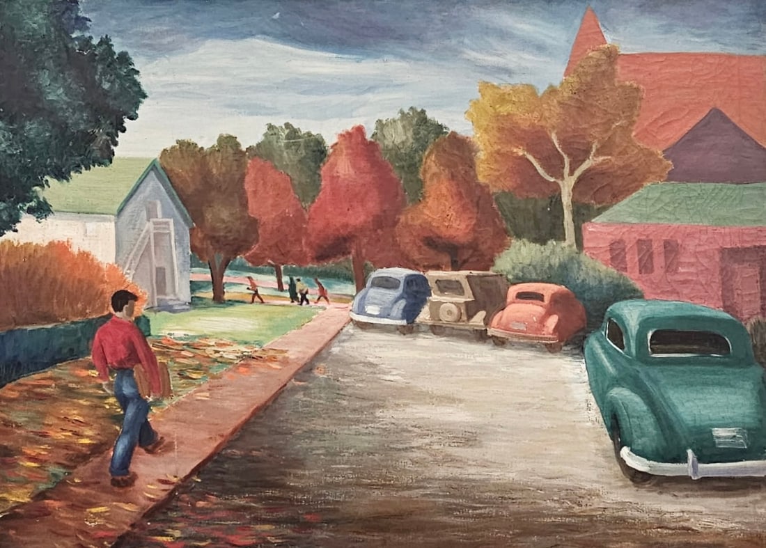 Nostalgic American Regionalist Autumn Townscape Signed Oil On Canvas: Oil painting on canvas 26 x 36 in. Domestic Flat Shipping Price: $90