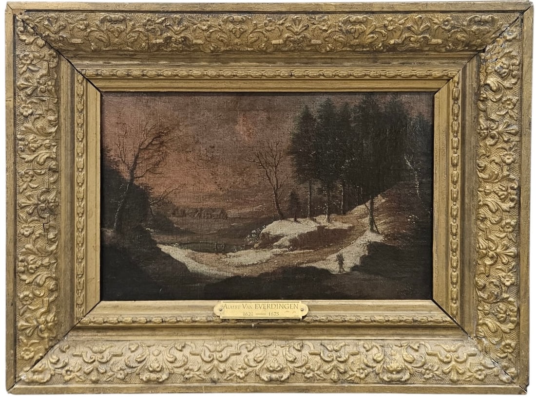 Attr ALLAERT VAN EVERDINGEN (1621-1675, Dutch) Snowy Landscape: Oil painting on canvas 9 1/4 x 13 7/8 in, 15 1/2 x 20 in. Domestic Flat Shipping Price: $80