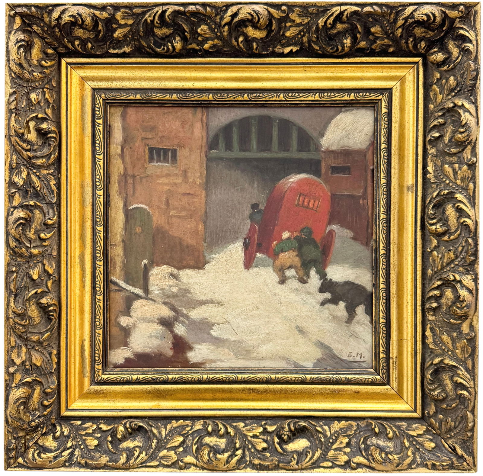 Early French School Snowy Street Scene Oil On Board Signed With Monogram: Oil painting on board 10 x 10 in, 15 1/4 x 15 1/4 in (framed). Domestic Flat Shipping Price: $65