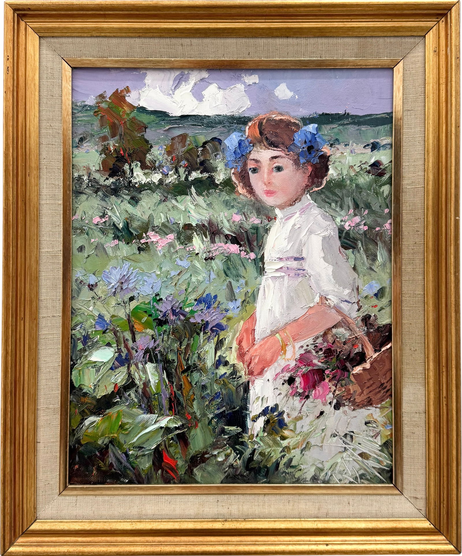 RAMON CHIRINOS (20th c, Venezuela) Girl In Flower Field: Oil painting on canvas 11 x 14 in, 14 1/2 x 17 1/2 in (framed). Domestic Flat Shipping Price: $55