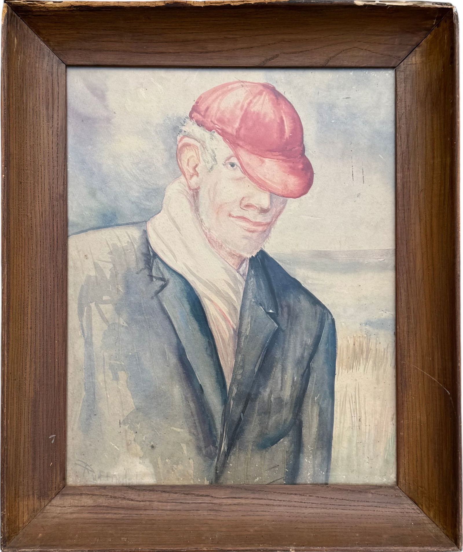 20th Century American Signed Portrait Of A Man In Hat: Watercolor on paper 20 x 16 in, 25 x 20 in (framed). Domestic Flat Shipping Price: $80