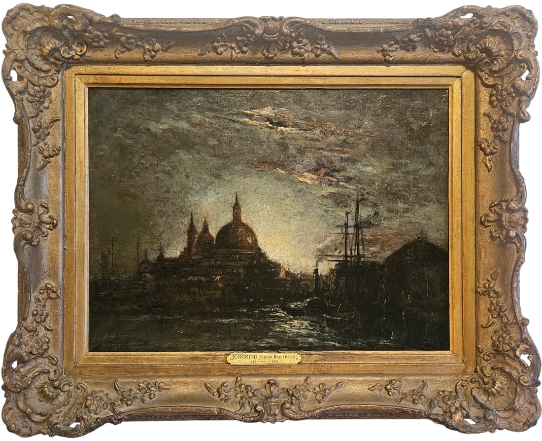 JOHAN BARTHOLD JONGKIND (1819-1891, Dutch) London Harbor Scene: Oil painting on canvas 18 x 24 in, 26 x 32 1/2 in (framed). Domestic Flat Shipping Price: $110