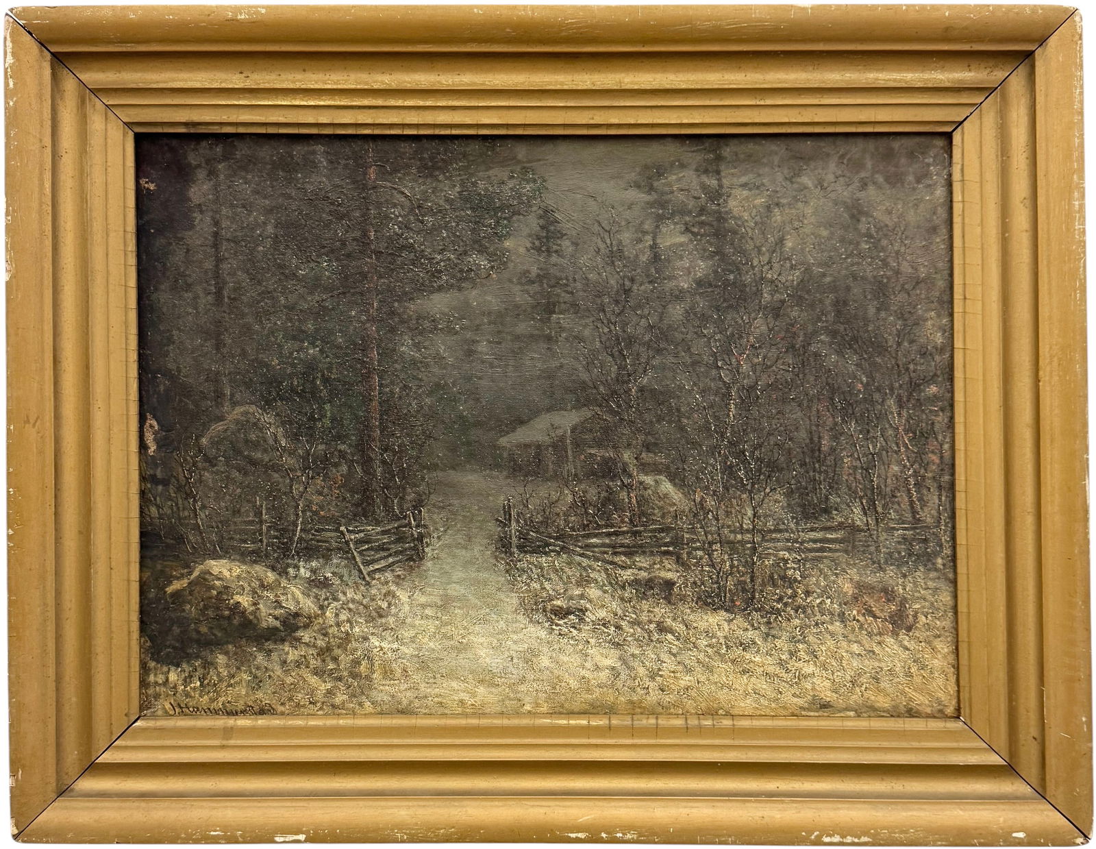 JOHN HAMMERSTAD (1842-1925, Norway) Winter Landscape: Oil painting on canvas 22 x 16 in, 27 x 21 in (framed). Domestic Flat Shipping Price: $80
