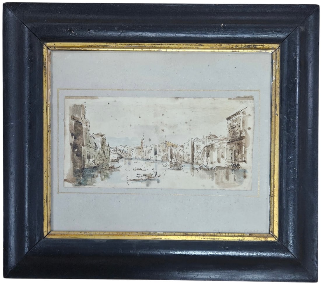 Old Master Italian Watercolor & Ink Drawing Of Venice, Artist Unknown: Watercolor on paper 9 1/2 x 4 1/2 in, 15 x 13 1/4 in (framed). Domestic Flat Shipping Price: $55