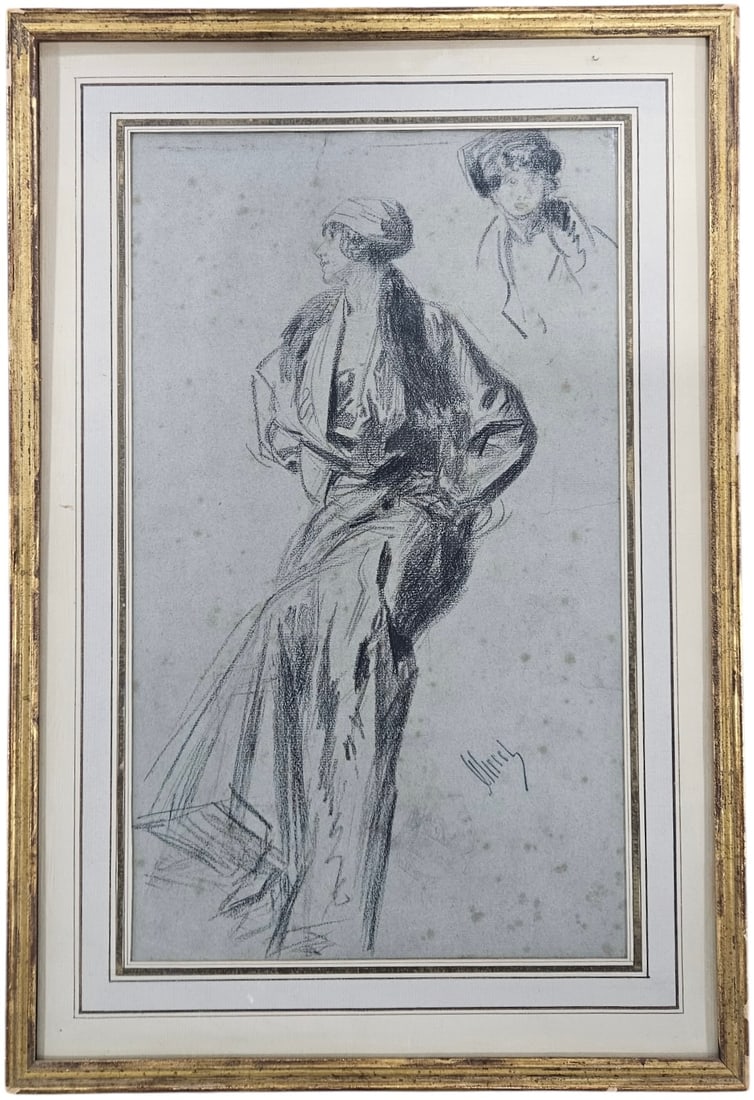 JULES CHERET(1836-1932, French) Graphite Drawing: Graphite on paper 9 1/2 x 16 in, 20 3/4 x 14 in. Domestic Flat Shipping Price: $70