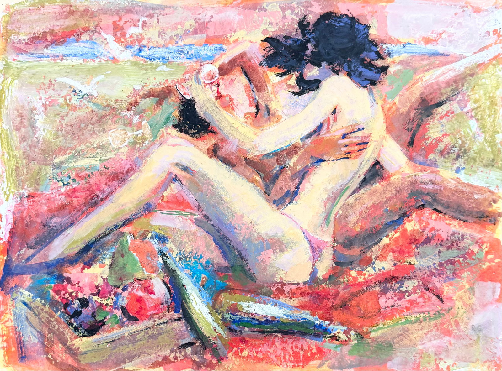 RIC GRASSO (20th c, American) Embraced Lovers: Mixed media on paper 20 x 15 in. Domestic Flat Shipping Price: $35