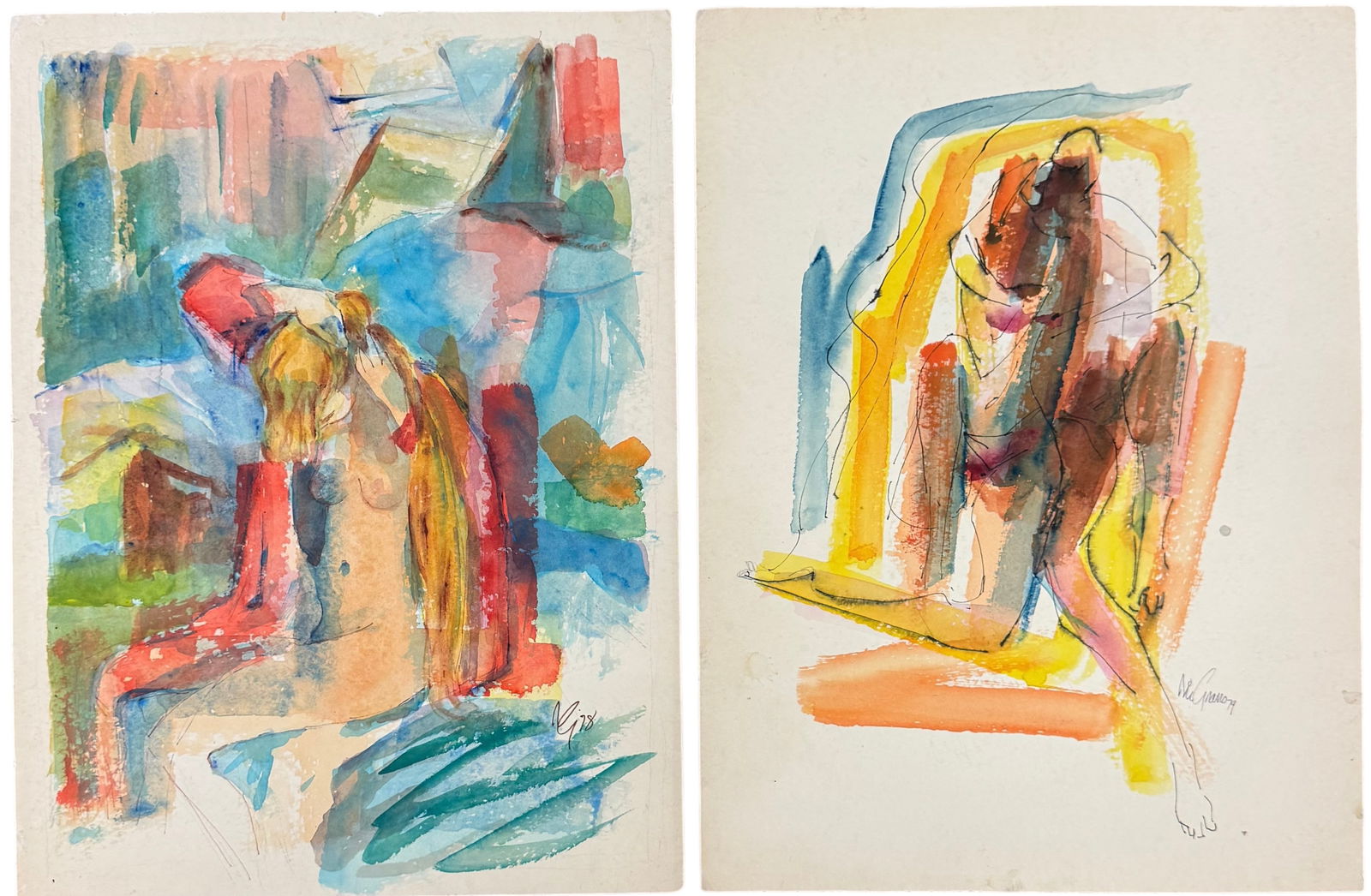 RIC GRASSO (20th c, American) Pair OF Nude Figural Abstract Watercolors 1970's: Mixed media on paper 20 x 15 in. Domestic Flat Shipping Price: $35