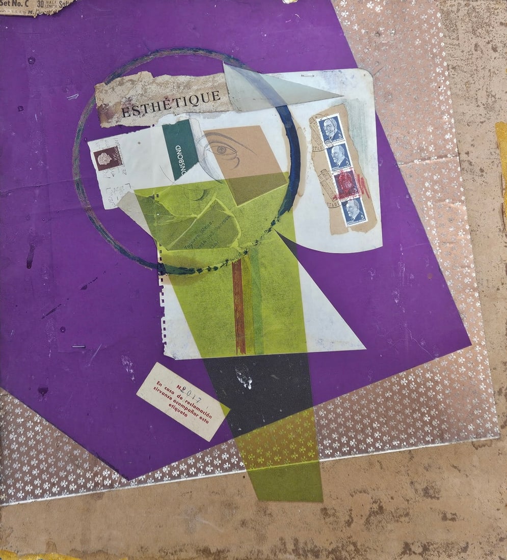 European School Mid-Century Constructivist Collage Abstract: Mixed media on canvas 18 x 20 in. Domestic Flat Shipping Price: $65