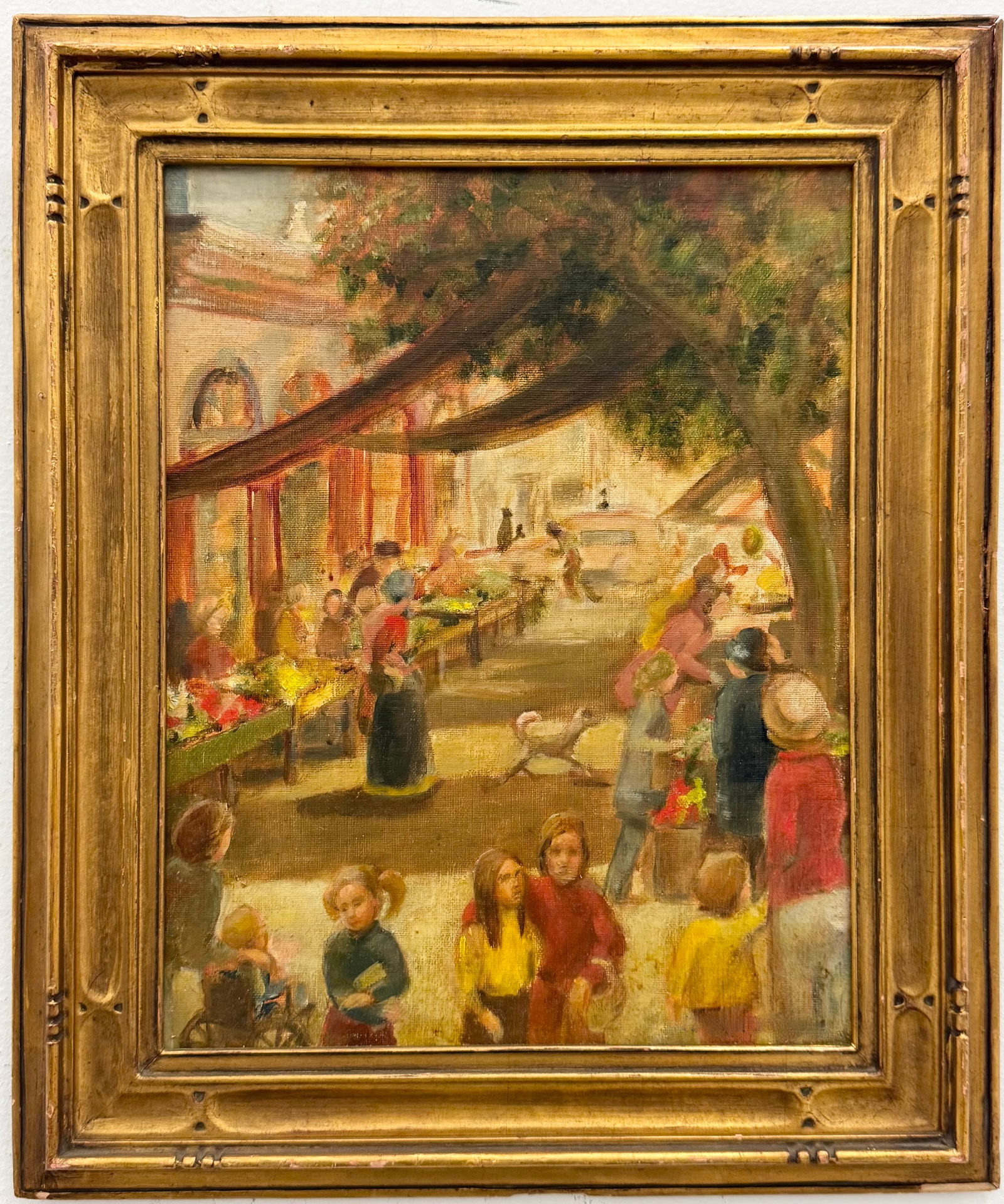 Mid-Century American School Market Street Scene Oil On Board: Oil painting on board 14 x 11 in, 18 x 15 in (framed). Domestic Flat Shipping Price: $55