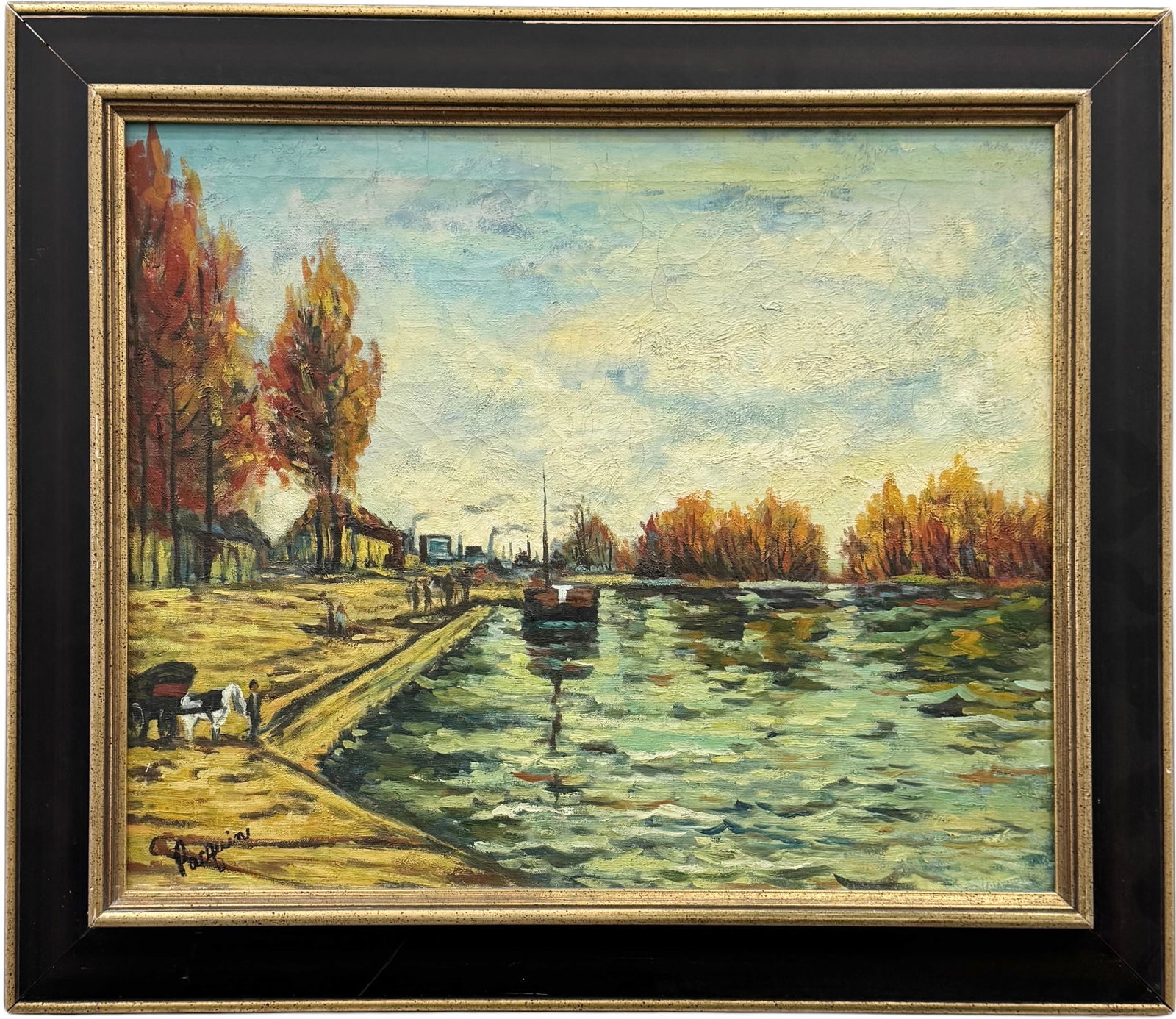 20th Century French School Harbor Scene Signed Paquin: Oil painting on canvas 24 x 20 in, 29 1/2 x 25 1/2 in (framed). Domestic Flat Shipping Price: $80