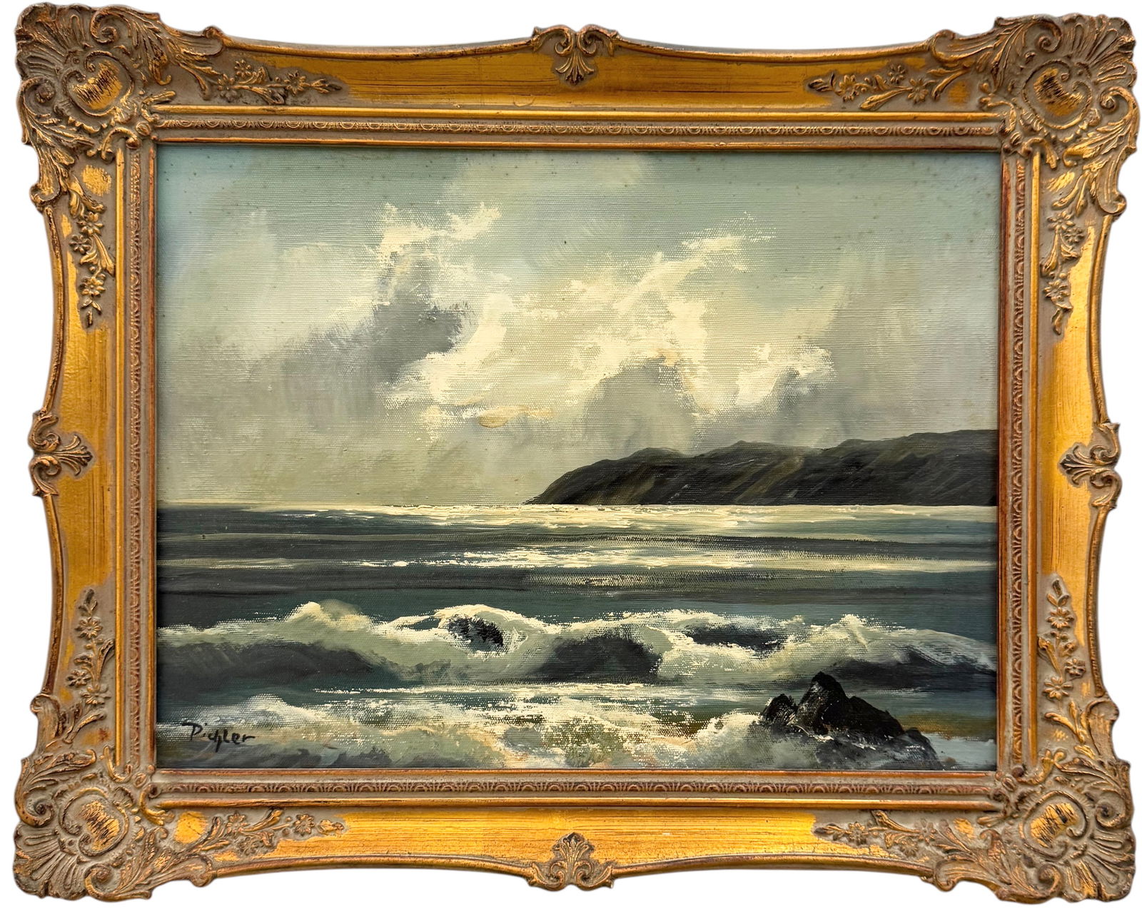 Nicely Framed Vintage Luminist Seascape Signed Oil On Canvas: Oil painting on canvas 15 3/4 x 11 3/4 in, 19 x 15 in (framed). Domestic Flat Shipping Price: $45