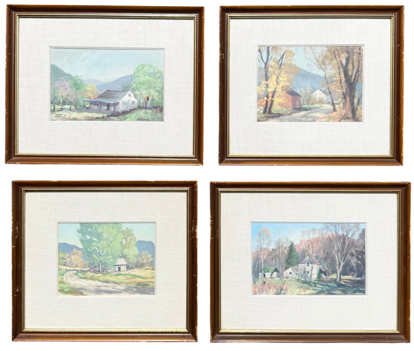 (4) Set Of American Impressionist Signed Pennsylvania Landscape Paintings: Oil on board (2) 9 1/2 x 6 1/2 in, 17 x 13 1/3 in (framed), (2) 9 x 6 1/4 in, 15 3/4 x 13 3/4 in (framed). Domestic Flat Shipping Price: $80