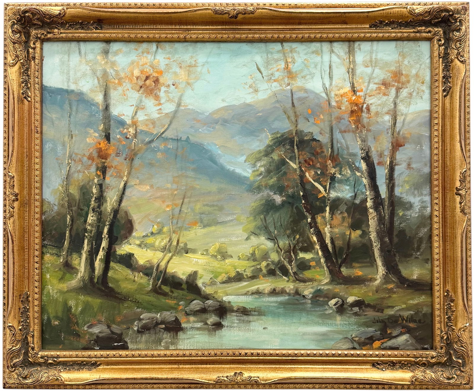 JOHN DE WILDE (20th c, California) Impressionist Landscape: Oil painting on canvas 30 x 24 in, 35 1/2 x 29 1/2 in (framed). Domestic Flat Shipping Price: $90