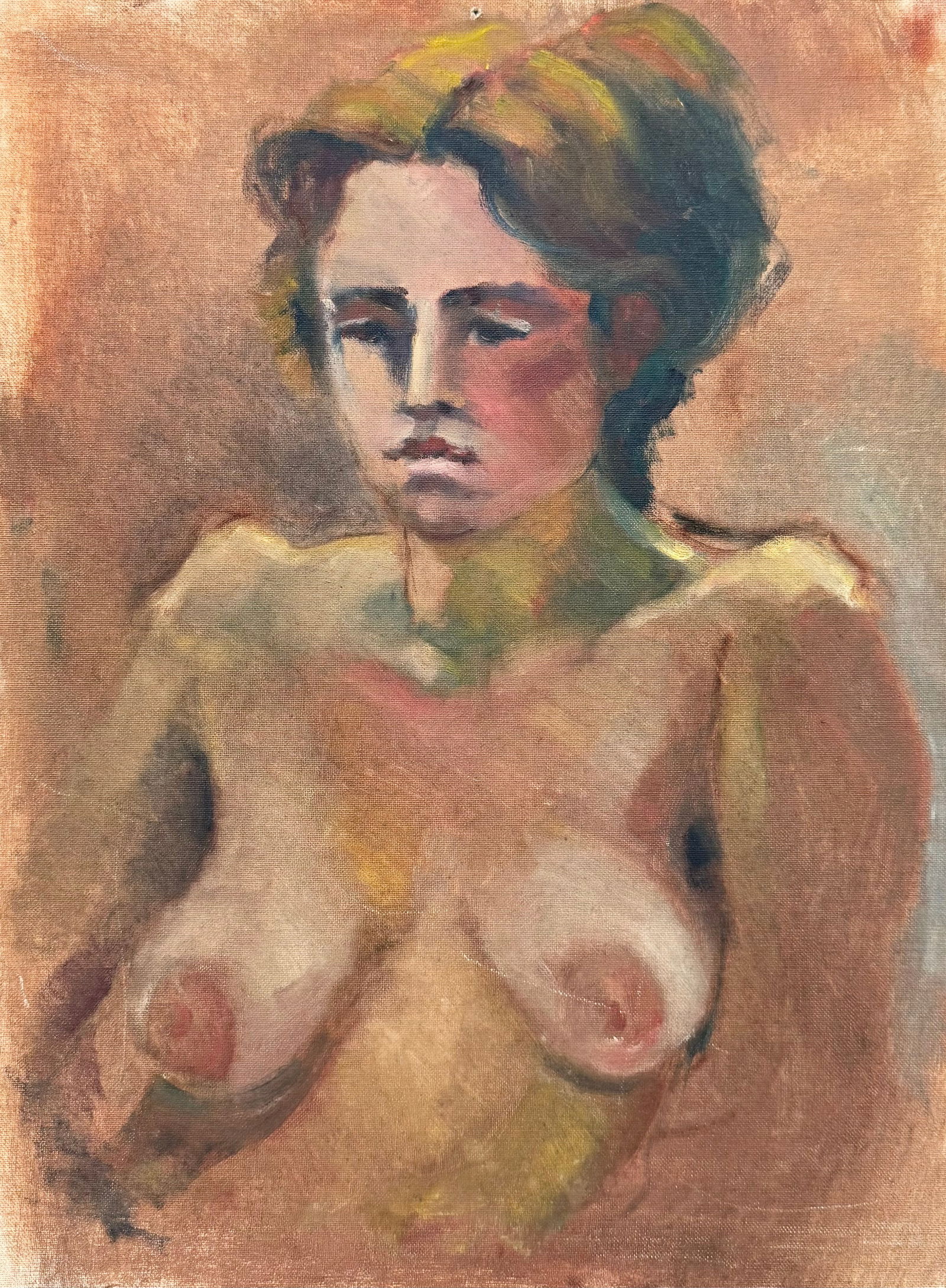 Mid-Century American Nude Portrait Of A Young Woman Unsigned Oil On Board: Oil painting on board 24 x 18 in. Domestic Flat Shipping Price: $55