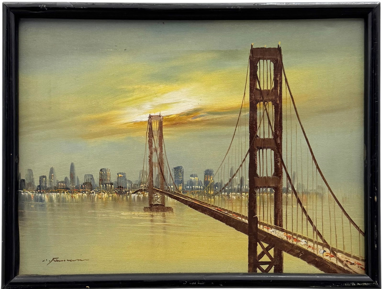 Mid-Century Bridge Cityscape Signed Oil On Canvas: Oil painting on canvas 16 x 12 in. Domestic Flat Shipping Price: $45