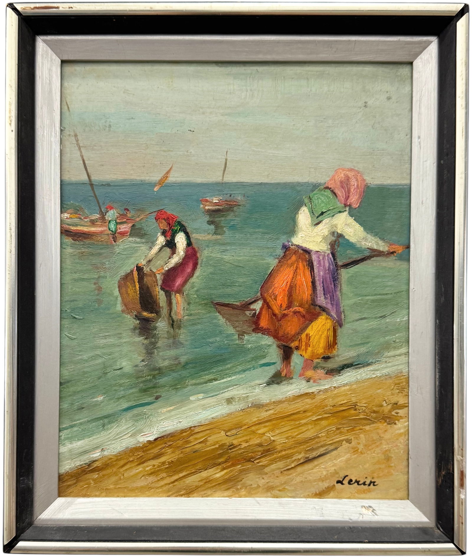 Spanish School Impressionist Figures At Beach Signed Oil Painting: Oil painting on masonite 10 1/2 x 8 1/2 in, 13 x 11 in (framed). Domestic Flat Shipping Price: $45