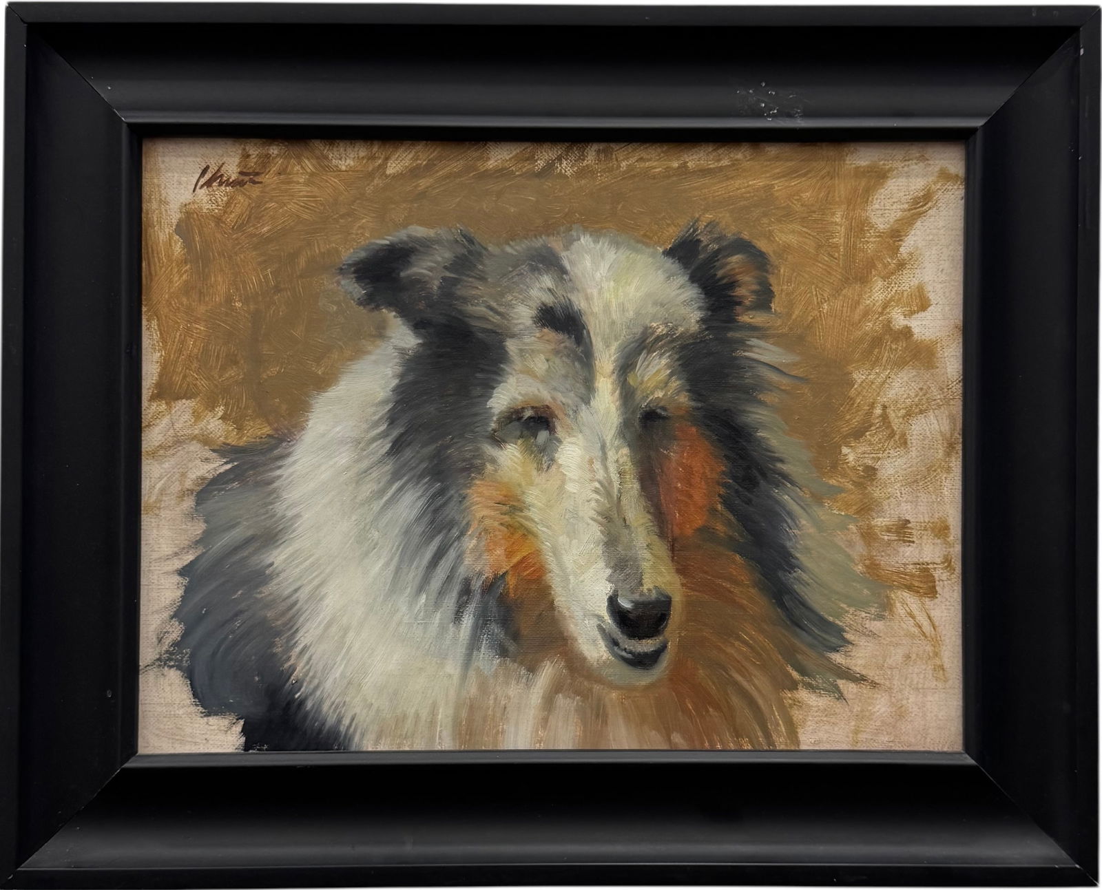 American Impressionist Portrait Of A Collie Signed Oil On Wood: Oil painting on wood 16 x 12 in, 20 1/2 x 16 1/2 in (framed). Domestic Flat Shipping Price: $55