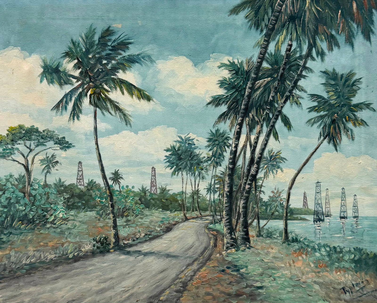 20th Century Florida Or Caribbean Tropical Landscape Signed Oil On Canvas: Oil painting on canvas 19 3/4 x 15 3/4 in. Domestic Flat Shipping Price: $55