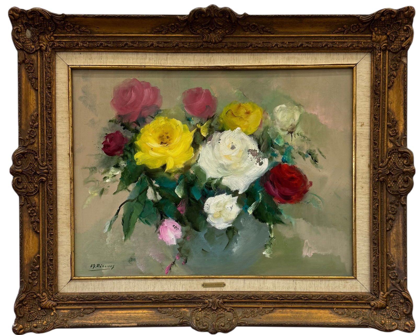 MERCEDES RODENAS (20th c, Venezuela) Flowers: Oil painting on canvas 23 1/2 x 17 1/2 in, 32 x 26 in. (framed). Domestic Flat Shipping Price: $90