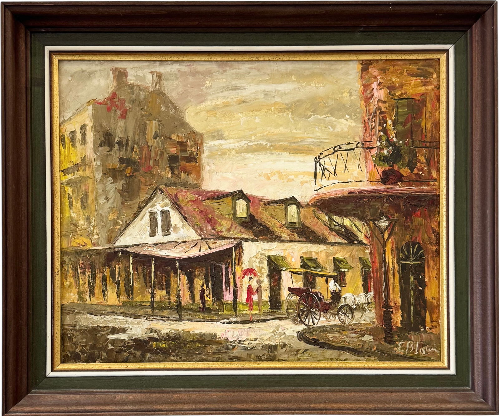 EDMUND "ED" BLOUIN JR (b. 1941, American) New Orleans Street Scene: Oil painting on board 16 x 20 in, 20 x 24 in (framed). Domestic Flat Shipping Price: $55