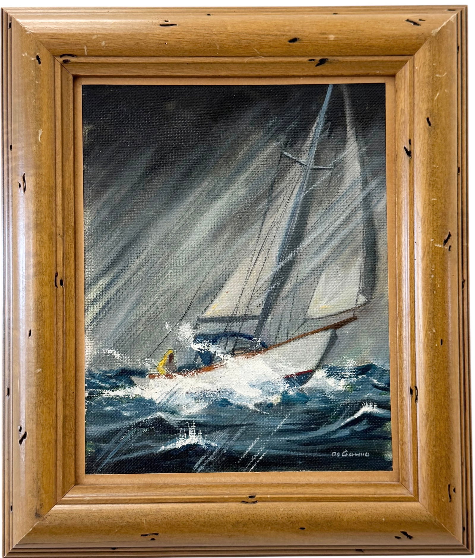 Vintage Stormy Nautical Seascape With Sailboat Signed Oil On Canvas: Oil painting on canvas 10 x 8 in, 13 1/4 x 11 1/4 in (framed). Domestic Flat Shipping Price: $45