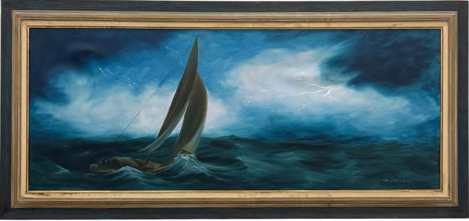 Monumental Seascape Stormy Seascape With Sailboat Signed Oil On Canvas 68": Oil painting on canvas 60 x 24 in, 38 x 32 in (framed). Domestic Flat Shipping Price: $280