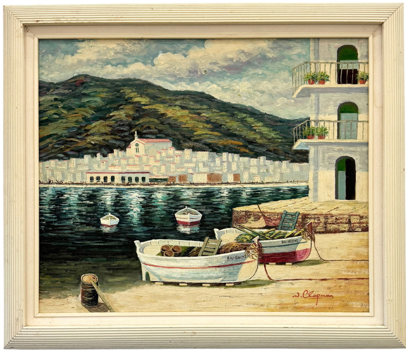 20th Century Greek Impressionist Harbor Scene Signed Oil On Canvas: Oil painting on canvas 24 x 20 in, 29 x 25 in. Domestic Flat Shipping Price: $70