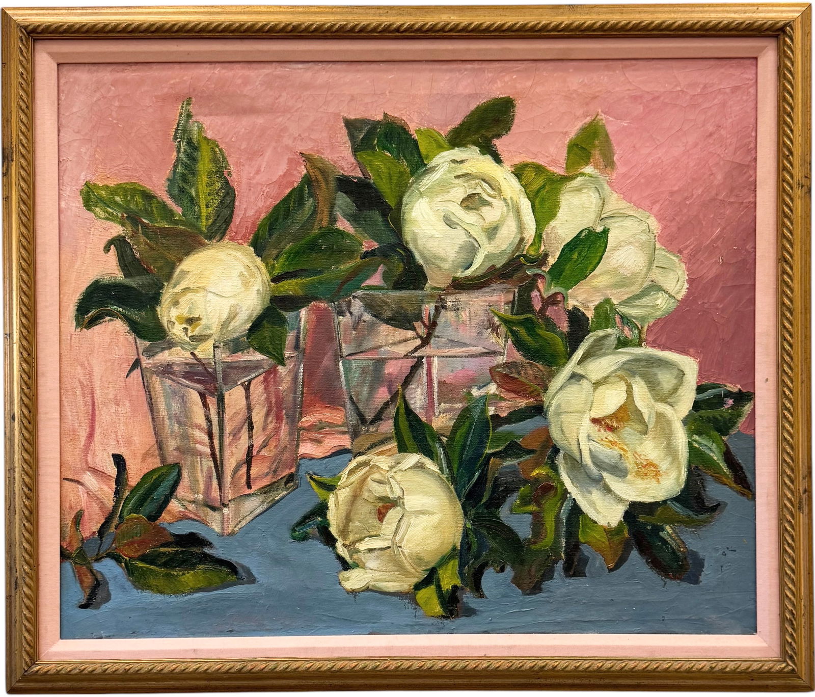Vintage American Still Life Of White Roses Oil On Canvas: Oil on canvas 30 x 25 in, 34 x 29 in (framed). Domestic Flat Shipping Price: $90