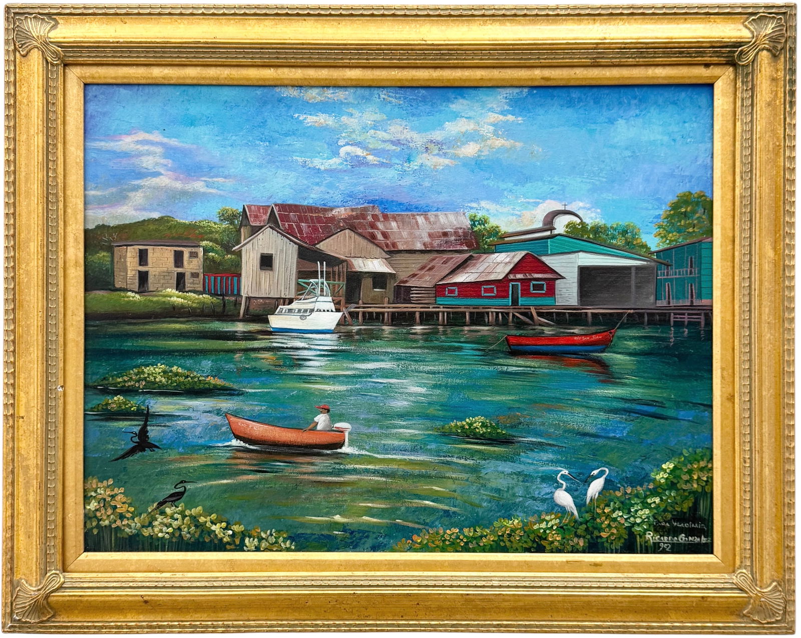 RICARDO GONZALEZ 20th c Naive Florida Mangrove Harbor Scene (1 of 3)