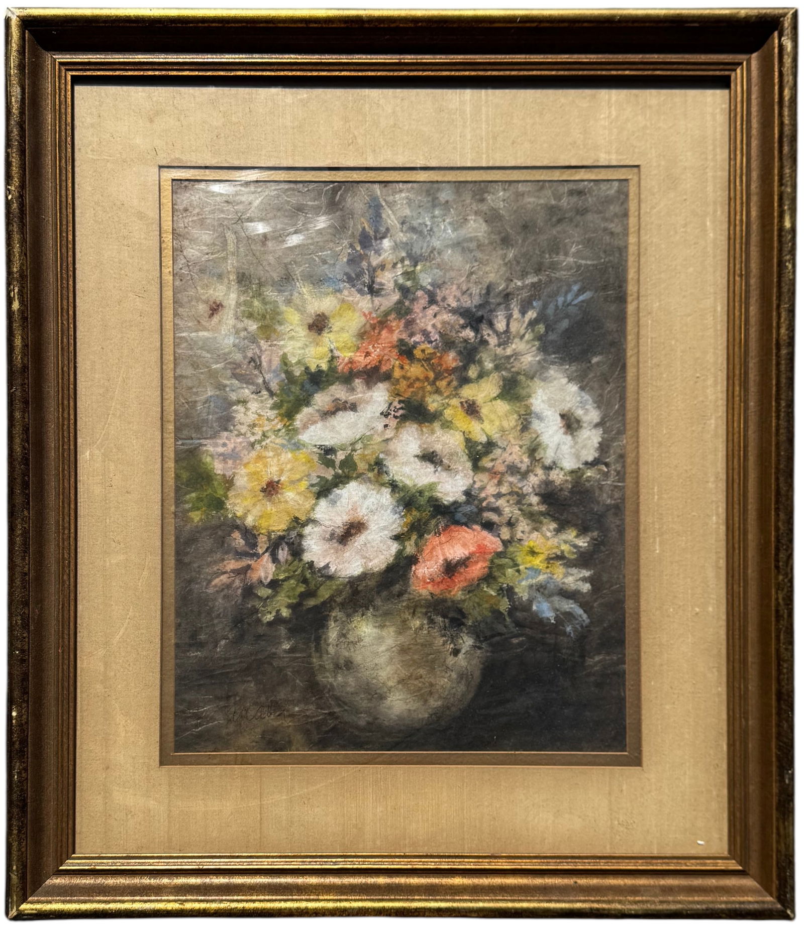 Vintage impressionist Floral Still Life Of Flowers Illegibly Signed: Mixed media 28 x 22 in (framed). Domestic Flat Shipping Price: $80