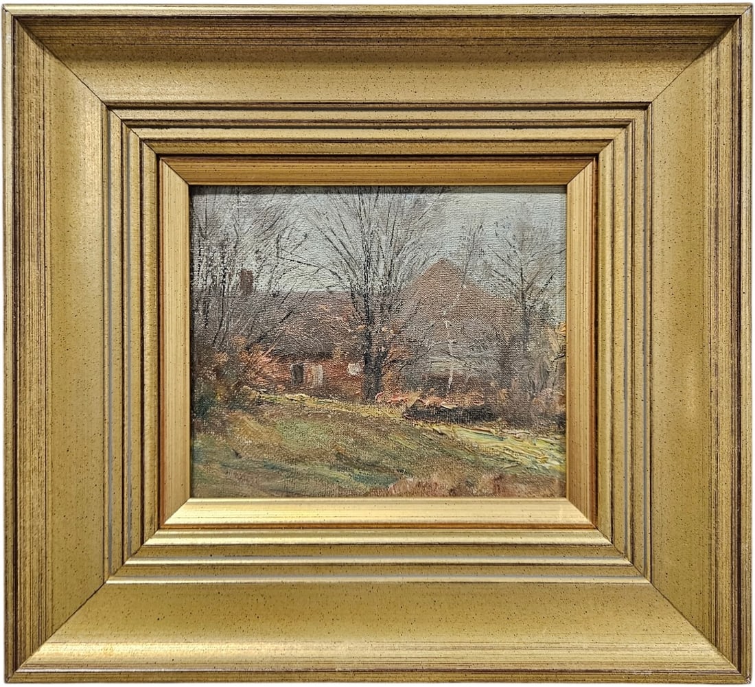 American Impressionist Landscape With House Oil On Canvas: Appears unsigned. Oil painting on board